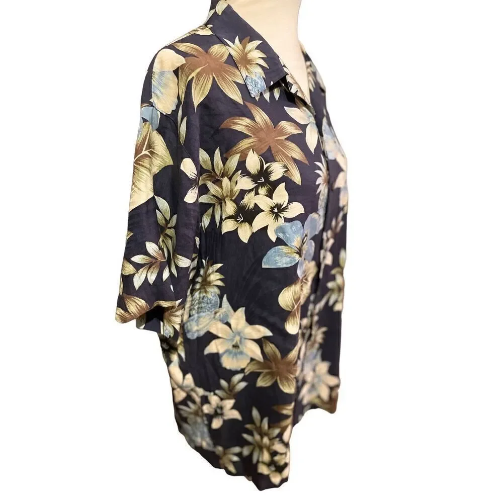 Tasso Elba Men's Button Down Shirt Collared Floral 100% Silk Navy Blue XL